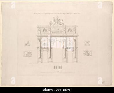 Arco trionfale temporaneo innalzato dal popolo romano in onore del Sommo Pontefice Pio IX il giorno 8 settembre 1846, vers 1846. Salandri, E. [vers 1846] L'estampe représente un arc de triomphe temporaire conçu par l'architecte Felice Cicconetti et érigé par le peuple romain en l'honneur du pape Pio IX le 8 septembre 1846. Pio IX avait été élu en juin 1846 et avait gagné beaucoup de bonne volonté de la population romaine pour ses réformes libérales. Selon le texte qui l'accompagne, l'arche a été placée sur la Piazza del Popolo devant l'église de S. Maria del Popolo. Au sommet de l'arche, Pio IX est représenté avec un pe Banque D'Images