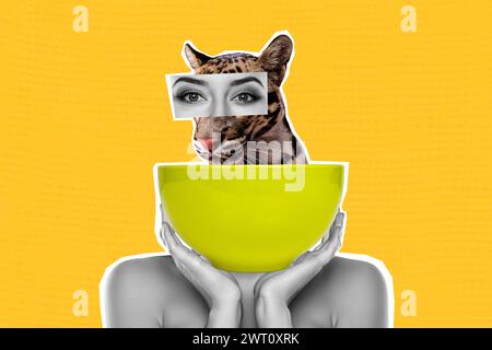 Illustration composite collage photo 3D de l'image surréaliste femme corps sans tête au lieu de tenir dans la main énorme plaque léopard à l'intérieur avec des yeux de dame Banque D'Images