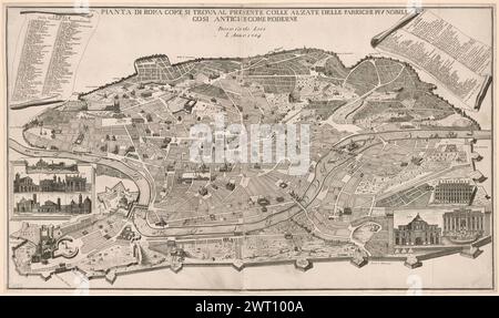 Pianta di Roma come si trova al presente …, 1784. l'anno 1784 copié d'un plan de Lieven (Livino) Cruyl, publié à l'origine à Rome : Giovanni Battista de Rossi, 1665. Principaux bâtiments représentés en vue plongeante. Titre et empreinte en haut au centre. Index avec 174 noms de bâtiments et XV rues et places, assortis de chiffres sur le plan, sur des représentations de parchemins en haut à gauche et à droite. Dix bâtiments importants représentés en petites élévations à gauche et à droite. Imprimé sur 2 feuilles, jointes aux bords verticaux. Orienté avec l'est en haut. Copie Getty articulée sur papier épais au niveau du bord supérieur et encollée. Banque D'Images