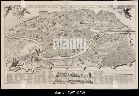 Plan de la ville de Rome, comme elle est apresent soubs le règne du pape Clément IX, 1668. Cruyl, Lieven de, vers 1640-1720, cartographe. 1668 le plan de Rome avec les bâtiments principaux est rendu en vue plongeante. Il est dérivé d'un plan de Lieven (Livino) de Cruyl, publié pour la première fois à Rome par Giovanni Battista de Rossi en 1665. Les deux feuilles imprimées séparément et jointes par les bords verticaux. Titre en haut au centre. Armoiries de Clément IX (Rospigliosi) en haut à gauche. Petites vues des sept églises principales à pied, avec un index de 317 noms entrés par numéro sur le plan. Orie Banque D'Images