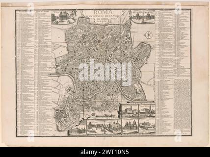 Roma : Plan nouveau de la ville de Rome / par N. de fer, 1713, 1713. Fer, Nicolas de, 1646-1720, cartographe, éditeur. 1713 titre en haut au centre, flanqué de vignettes du Panthéon et de la Piazza del Popolo. Vignettes des 7 églises principales ci-dessous le plan. Index de 482 noms de bâtiments répartis sur quatre colonnes, deux de chaque côté ; les bâtiments sont situés à l'intérieur des cellules d'une grille par référence aux lettres A à G dans la marge gauche du plan et aux chiffres 1-10 dans la marge inférieure. La quatrième colonne comprend une brève 'Description de Rome' et l'empreinte. Copie Getty articulée sur papier épais sur le bord supérieur et encollée. Environ 1,5 cm de à Banque D'Images