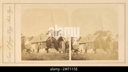 Vue stéréoscopique de Stoke Poges. Inconnu, photographe 1859 Une vue stéréoscopique de équipé Paroisse de Giles à Stoke Poges. L'église a une flèche unique et les murs du bâtiment sont recouverts d'un lierre épais. Des pierres tombales peuvent être vues dans tout le cimetière. (Recto, monture) centre gauche, à côté de l'image, typographie noire : 'scène de l'élégie de Gray, Stoke Poges.'; Banque D'Images