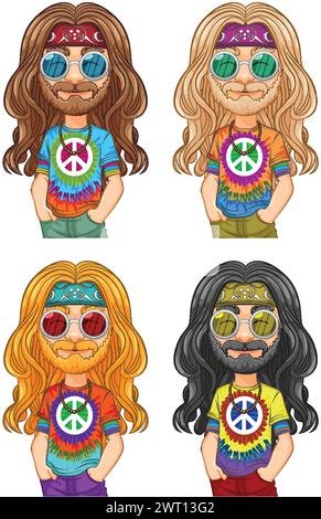 Quatre personnages hippies avec des chemises colorées au noeud et des lunettes de soleil. Illustration de Vecteur