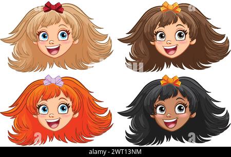 Quatre filles de dessin animé souriantes avec différentes couleurs de cheveux Illustration de Vecteur