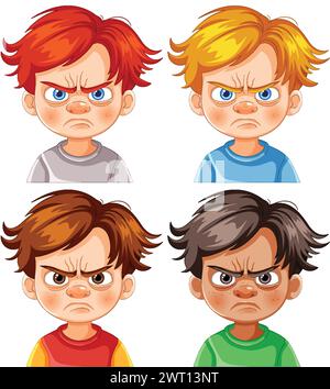 Quatre enfants de dessins animés montrant diverses expressions de colère. Illustration de Vecteur