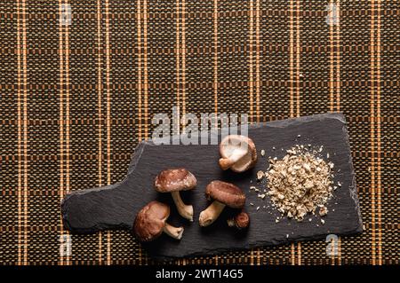 Plan de pose vue de la poudre sèche faite de champignons shiitake, Lentinula edodes.Ingrédient alimentaire sur planche à découper en pierre noire avec champignons shiitake frais. Banque D'Images