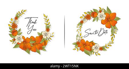 feuilles d'automne et bordure de fleur, illustration de couronne de fleurs avec fond blanc isolé de couleur vibrante, applicable pour l'invitation de mariage Illustration de Vecteur