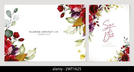 invitation de mariage avec des fleurs et des feuilles, rose violet et bordeaux conception de couleurs blanc isolé, applicable pour la carte de voeux, affiche Illustration de Vecteur