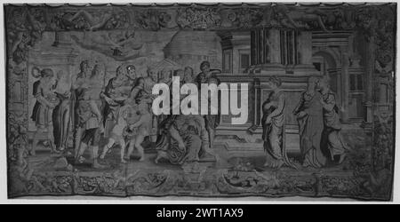 Psyché, adoré comme déesse, encourt la colère de Vénus (Aphrodite). Raphael (italien, 1483-1520) (dessiné après, école) [peintre] Coxie, Michiel (L'ancien) (pays-Bas (avant 1600) - Flandre, 1499-1592) (auteur de dessin, attr.) [Peintre] c. 1640 matériaux/techniques de tapisserie : culture inconnue : Centre de tissage français : Paris histoire de la propriété : Français & Co. Adorateurs (G), y compris 2 putti urne carying & femme portant censure brûlante, approche Psyche (R) ; 2 préposés se tiennent derrière Psyche ; colonnes monumentales sur la base & portique derrière Psyche, bâtiment circulaire en dôme derrière les adorateurs ; Vénus & Banque D'Images