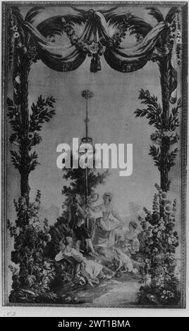 Maypole. Huet, Jean-Baptiste (français, 1745-1811) (auteur du dessin) [peintre] de Menou (français, acte. 1780-1793) (atelier) [tisserand] c. 1780-1790 tapisserie dimensions : H 9'9' x l 5'9' tapisserie matériaux/techniques : laine (chaîne) ; laine et soie (trame) culture : Centre de tissage français : Beauvais histoire de propriété : Baron Hirsch coll. George A. Cooper coll., 1903. Jeune homme et jeune femme dansent autour de Maypole comme une autre jeune femme, assise sur le sol, joue de la flûte, chien et une autre jeune femme assise sur R (BRD) encadrée par des palmiers avec de grandes tiges fleuries à la base et des branches feuillues et des couronnes florales à mi-chemin Banque D'Images