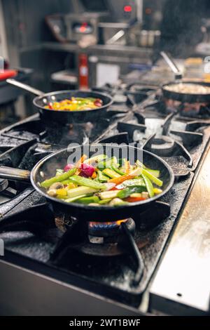 Légumes mélangés fraîchement préparés dans une poêle à frire, cuisine du restaurant Banque D'Images