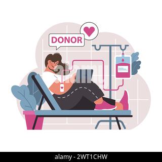 Don de sang. Femme, donneuse assise sur la chaise, donnant du sang à l'hôpital. Aide aux personnes ayant besoin de transfusion sanguine. Aide humanitaire, soutien aux banques de sang. Illustration vectorielle plate Illustration de Vecteur