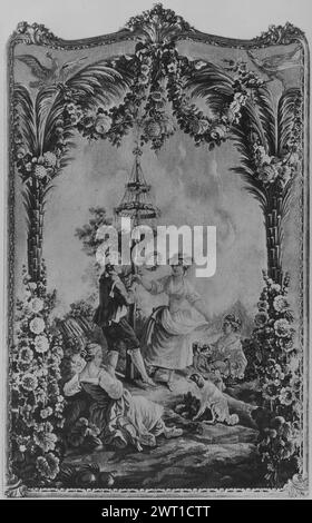 Maypole. Huet, Jean-Baptiste (français, 1745-1811) (auteur du dessin) [peintre] de Menou (français, acte. 1780-1793) (atelier) [tisserand] c. 1780-1790 tapisserie dimensions : H 2,10 x l 1,42 m tapisserie matériaux/techniques : laine (chaîne) ; laine et soie (trame) culture : Centre de tissage français : Beauvais histoire de propriété : Edward Tuck coll. France, Paris, Paris, Musée du petit Palais. Jeune homme et jeune femme dansent autour de Maypole comme une autre jeune femme, assise sur le sol, joue de la flûte, chien et une autre jeune femme assise sur la scène R (BRD) encadrée par des palmiers avec de grandes tiges de fourrage poussant à la base et guirlande florale L. Banque D'Images