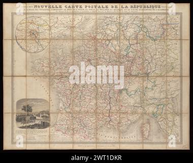 Nouvelle carte postale de la République française : à l'usage des voyageurs, comprenant le nord de l'Italie, la Suisse, la Hollande, la Belgique et la partie occidentale de l'Allemagne : les chemins de fer en exploitation, en construction et réussis, donnant les distances d'un lieu à un autre en kilomètres / dressée par A.R. Frémin, géographe, 1849. Fremin, A. R., actif vers 1810-vers 1860, cartographe. [1849] en tête du titre 'Anne 1849.. Échelles données en kilomètres, vieux miles français, miles italiens, miles allemands, miles suisses, et les milles marins. Méridien principal : Paris. Encarts : Banque D'Images