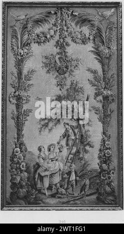 Cueilleurs de cerises. Huet, Jean-Baptiste (français, 1745-1811) (dessiné après) [peintre] c. 1785-1800 tapisserie dimensions : H 2,65 x l 1,50 m tapisserie matériaux/techniques : culture inconnue : Centre de tissage français : Aubusson histoire de propriété : Mr. M. Rikoff coll., 1907 [Campbell]. Seligmann acheté à la Galerie Georges petit, Paris, 12/7/1907 [Soustelle]. France, Paris, Paris, Galerie Georges petit, 7 décembre, 1907, lot 346. Les jeunes sur une échelle allongée contre un arbre mains cerises à 2 filles sur le sol ; enfant nourrissant des cerises aux poules en premier plan (BRD) scène encadrée par des palmiers formant arc et ornées b Banque D'Images