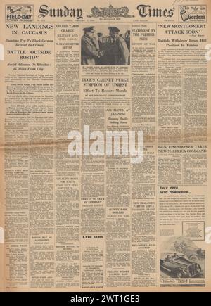 1943 Sunday Times en première page sur la 8e armée à Tripoli, la bataille de Rostov et le comte Ciano saccagé Banque D'Images