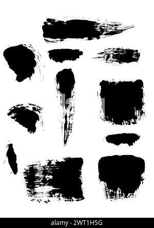 Set collection de rayures noires en mouvement sur fond blanc isolé. Pinceau à encre abstrait coups grunge Banque D'Images