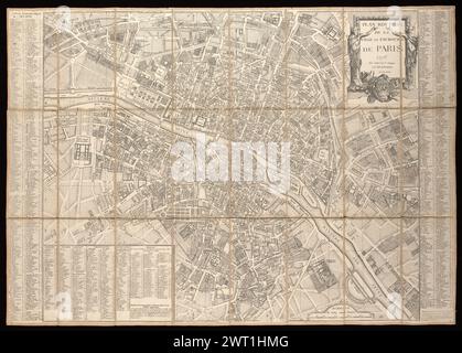 Plan routier de la ville et faubourg de Paris, 1776. Lattré, Jean, cartographe. 1776 publié 19 fois entre 1768 et 1788, avec des mises à jour. Voir Boutier. Orienté avec le nord en haut. Rues, bâtiments notables, etc indexés à la grille étiquetée 1-10, a-n. Coupé en 24 panneaux et monté sur lin. Echelle d'environ 1:9 600. Indexé par : Boutier, J. plans de Paris, 286G. Banque D'Images