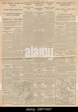 1943 le Times rapporte la bataille pour la Tunisie, la contre-attaque allemande sur le front de l'est et la bombe de la RAF Cologne Banque D'Images