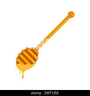 Honey Dipper. Cuillère en bois pour une douceur liquide. Plongeur en bois, bâton de miel ou cuillère avec partie ronde. Ustensile alimentaire traditionnel. Icône de cuillère à miel ou lo Illustration de Vecteur