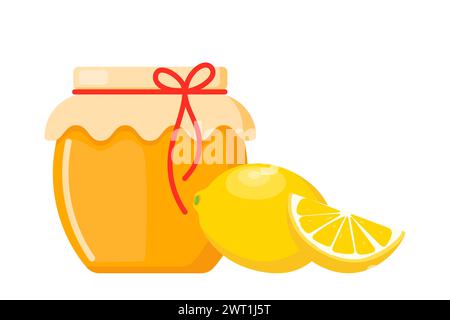 Miel dans un pot en verre transparent et citron. Image vectorielle pour vendre du miel, des produits apicoles Illustration de Vecteur