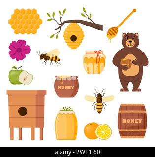 Ensemble apicole. Caractère apiculteur, ruche, abeille, nids d'abeilles, pot de miel, plongeur, fleurs en tonneau. Sirop sucré sain. Ferme apicole. Ferme d'abeilles Illustration de Vecteur