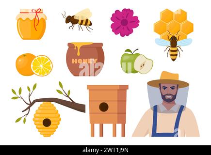 Ensemble apicole. Caractère apiculteur, ruche, abeille, nids d'abeilles, pot de miel, plongeur, fleurs en tonneau. Sirop sucré sain. Ferme apicole. Ferme d'abeilles Illustration de Vecteur