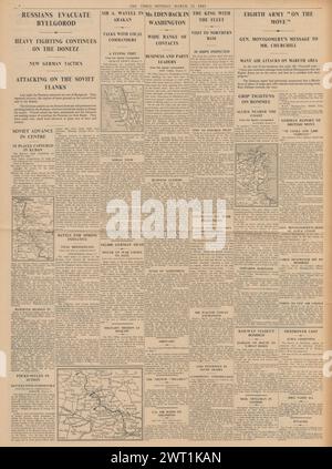 1943 le Times rapporte le plan de quatre ans de Churchill pour la Grande-Bretagne, l'armée allemande reprend Belgorod et la bataille pour la Tunisie Banque D'Images