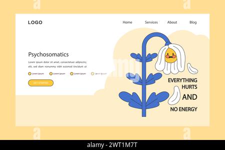 Bannière web psychosomatique ou page de destination. Névrose, stress chronique et trouble mental anxieux. Fleur triste souffrant de douleur et de faible énergie. Illustration vectorielle plate Illustration de Vecteur