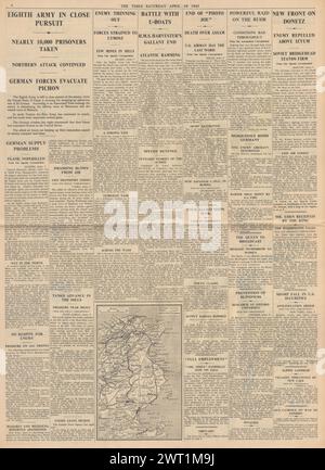 1943 le Times rapporte la bataille pour la Tunisie, l'Africa corps en pleine retraite et les raids de bombardement de la RAF sur l'Allemagne Banque D'Images