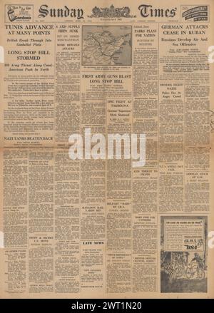 1943 Sunday Times en première page sur la bataille pour la Tunisie Banque D'Images