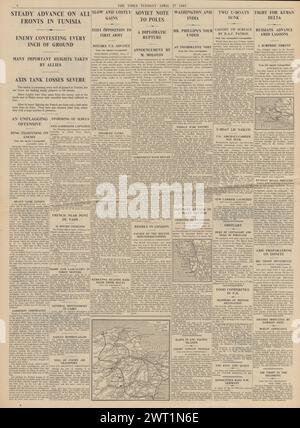 1943 le Times rapporte la bataille pour la Tunisie et le massacre de Katyn Banque D'Images