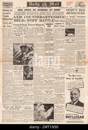 1943 Daily mail en première page sur la bataille de Tunisie Banque D'Images