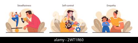 Patience réglée. Personne calme méditant et trouvant l'équilibre. Force mentale ou émotionnelle, maîtrise psychologique de soi. Forte détermination à atteindre l'objectif. Illustration vectorielle plate Illustration de Vecteur