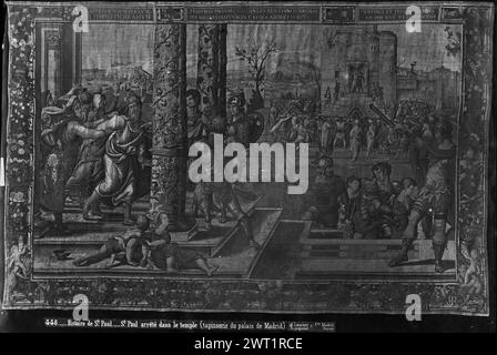 Prog Paul arrêté au temple. Coecke van Aelst, Pieter (le jeune) (pays-Bas (avant 1600) - Flandre, bef.1527-CA.1559) (auteur du dessin, attr.) [Peintre] c. 1540 tapisserie dimensions : H 490 x l 655 cm tapisserie matériaux/techniques : laine et soie culture : Centre de tissage flamand : Bruxelles historique de propriété : inventaire de Carlos II (1701-1703). Inventaire de Carlos III (1788). Inventaire de Fernando VII (1834). Espagne, Madrid, Palacio Real de Madrid, accno. A.367-12443. Inscriptions : inscription dans le cartouche de bordure supérieure à gauche : APPREHENSVM PAVLVM / E TEMPLO.. Inscriptions : inscription en uppe Banque D'Images
