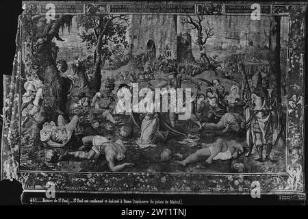 Martyre et mort de Saint Paul. Coecke van Aelst, Pieter (le jeune) (pays-Bas (avant 1600) - Flandre, bef.1527-CA.1559) (auteur du dessin, attr.) [Peintre] c. 1540 tapisserie dimensions : H 422 x l 490 cm tapisserie matériaux/techniques : laine et soie culture : Centre de tissage flamand : Bruxelles historique de propriété : inventaire de Carlos II (1701-1703). Inventaire de Carlos III (1788). Inventaire de Fernando VII (1834). Espagne, Madrid, Palacio Real de Madrid, accno. A.225-6159. Inscriptions : inscription dans le cartouche de bordure supérieure à gauche : ALII ALLIS SVPPLICIIS.. Inscriptions : inscription dans le port supérieur Banque D'Images