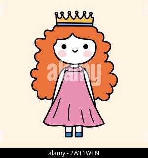 Jolie princesse de dessin animé avec de longs cheveux de gingembre. Illustration vectorielle simple de jolie fille aux cheveux orange, portant une robe rose et une couronne d'or. Illustration de Vecteur
