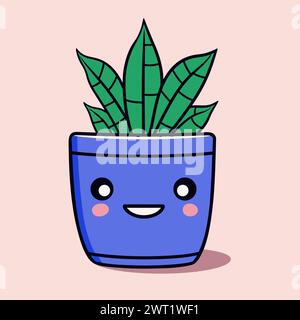 Plante d'intérieur de dessin animé mignon avec visage souriant drôle sur pot bleu. Illustration vectorielle dessinée à la main. Illustration de Vecteur