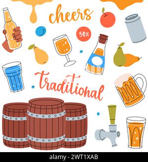 Set à cidre de fruit. Tonneaux en bois, canettes, verres, tasses, robinet, fruits. Collection de bière artisanale aux fruits dessinée à la main. Procédé de fabrication de cidre. Illustration de Vecteur