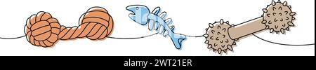 Kit de fournitures pour animaux de compagnie. Jouet à mâcher pour chien, squelette d'arête de poisson, illustration continue d'une ligne de remorqueur pour chien. Illustration linéaire vectorielle. Illustration de Vecteur
