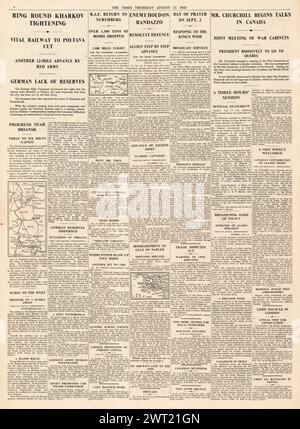 1943 le Times rapporte que Winston Churchill visite le Canada, que l'armée allemande quitte Kharkov, qu'il combat pour la Sicile et qu'il bombarde le Nurnberg Banque D'Images