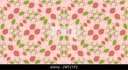 Conception d'un motif de fraise sans couture avec de charmantes baies, des fleurs, des feuilles vertes. Conception de surface répétée applicable pour les vêtements pour enfants, textiles, w Illustration de Vecteur