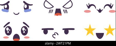 Kawaii visage exprimant l'émotion et collection d'humeur. Illustrations vectorielles dessinées à la main plates dans le style manga comique ou anime. Illustration de Vecteur