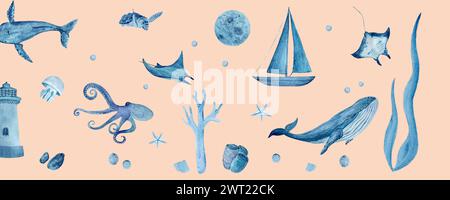 Aquarelle dessinée à la main bordure monochromatique bleue sur la pêche avec baleines, raies manta, coquillages, étoiles de mer, méduses et poulpe Banque D'Images