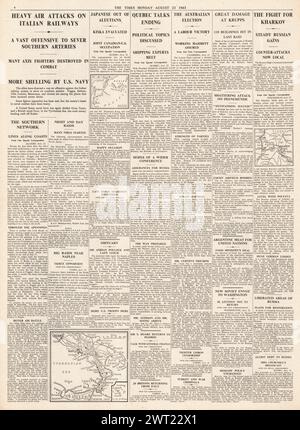 1943 le Times rapporte la bataille de Kharkov, le bombardement de Naples, la RAF bombarde l'usine Krupps à Essen et les élections générales australiennes Banque D'Images