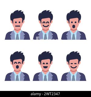 Ensemble de six hommes avec des émotions faciales différentes. Visage humain avec caractère emoji. Illustration vectorielle Illustration de Vecteur