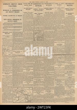 1943 le Times faisant état de la retraite de l'armée allemande de Taganrog, les Alliés bombardent l'Italie et les troubles au Danemark Banque D'Images