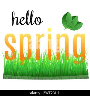 Phrase colorée Hello Spring avec des feuilles vertes sur l'herbe. Illustration de Vecteur