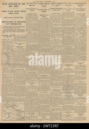 1943 le Times rapporte que l'Armée rouge capture Sumy et la RAF bombarde Berlin Banque D'Images