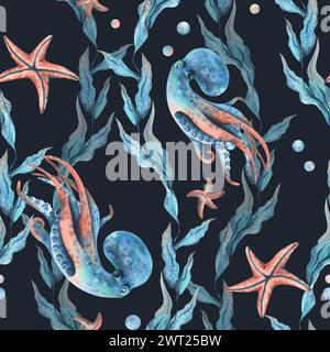 Clipart du monde sous-marin avec des animaux marins poulpe, étoiles de mer, bulles et algues. Illustration d'aquarelle dessinée à la main. Motif sans couture sur un sombre Banque D'Images